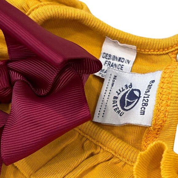 Girls Mustard Yellow Long Sleeve Top With Ruffle Neck & Bow Accent By Petit Bate - Picture 4 of 4